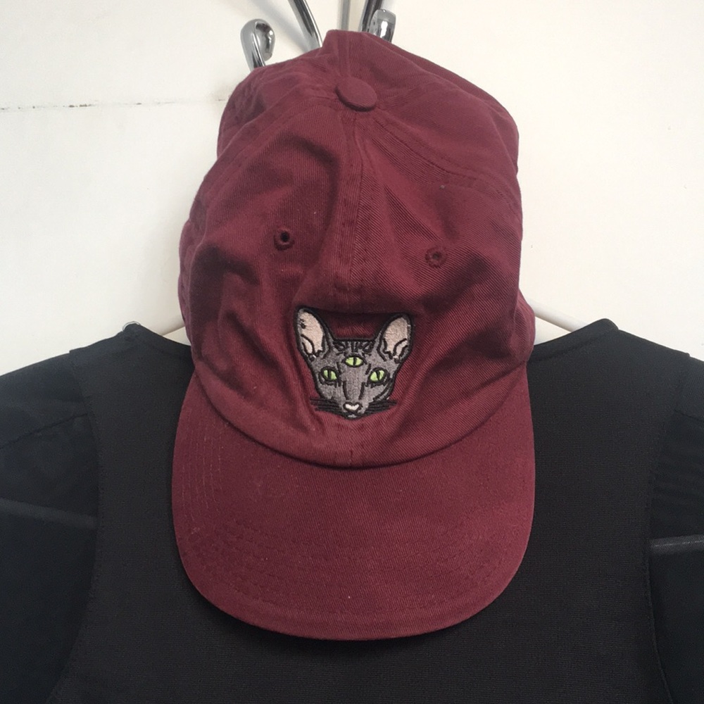 Burgundy hat with three-eyes Sphinx cat